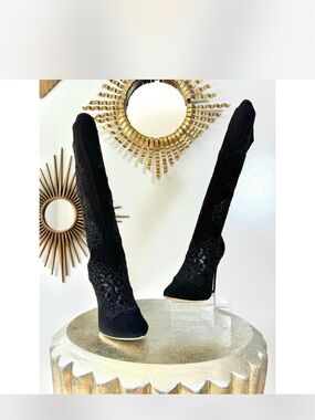 Dolce & Gabbana Black Embroidered Over-the-Knee Stiletto Boots